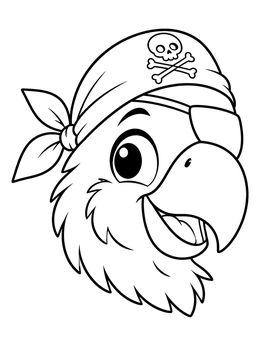 A cheerful cartoon pirate parrot coloring page wearing a bandana and eye patch.