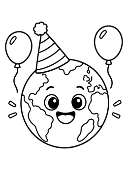 A happy earth coloring page with a party hat and floating balloons.