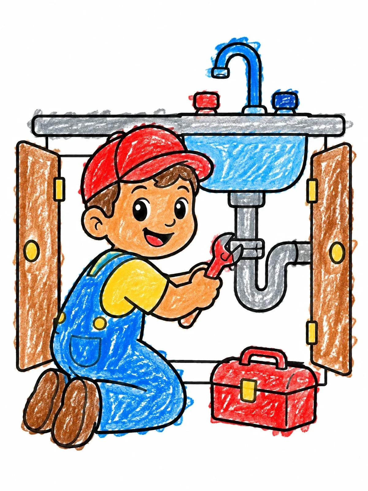 Colored example of the Cheerful Plumber Fixing A Sink coloring page