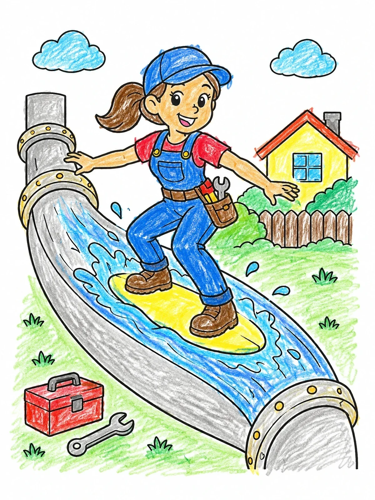 Colored example of the Cheerful Plumber Surfing Water Pipe coloring page
