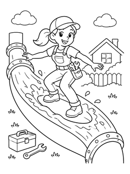 Free printable Cheerful Plumber Surfing Water Pipe coloring page