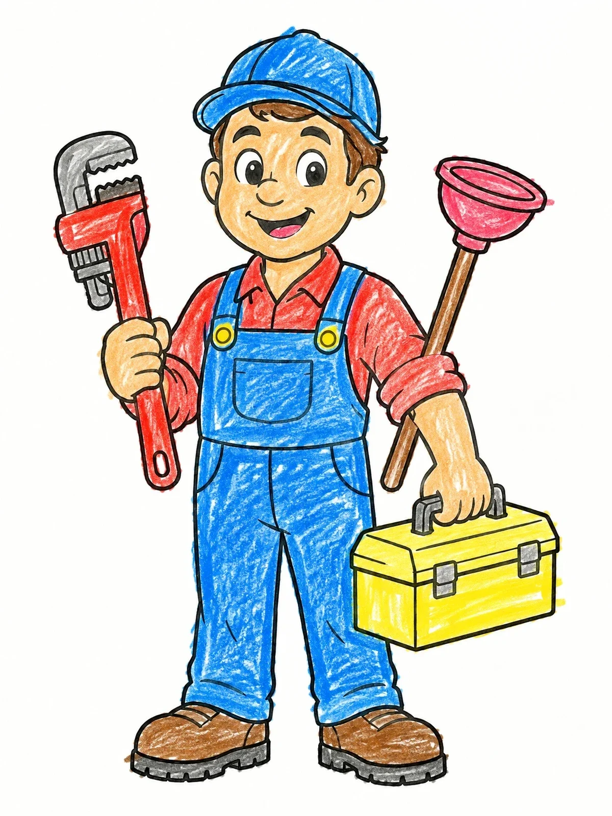 Colored example of the Cheerful Plumber With Tools coloring page