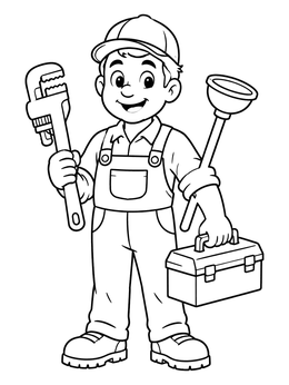 Free printable Cheerful Plumber With Tools coloring page