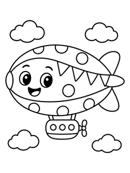 A friendly cartoon blimp coloring page flying happily among clouds.