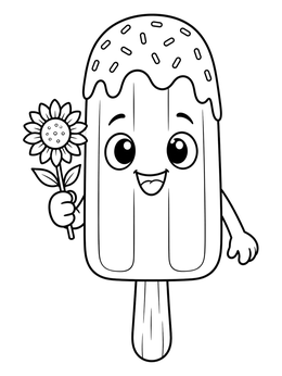 A cheerful cartoon popsicle coloring page holding a cute little sunflower.