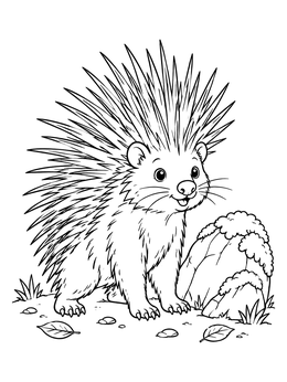 A friendly creature stands alert on this porcupine coloring page beside rocks.