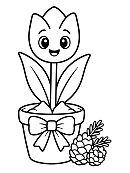 A tulip coloring page showing a happy cartoon flower in a pot with a bow and pinecones.