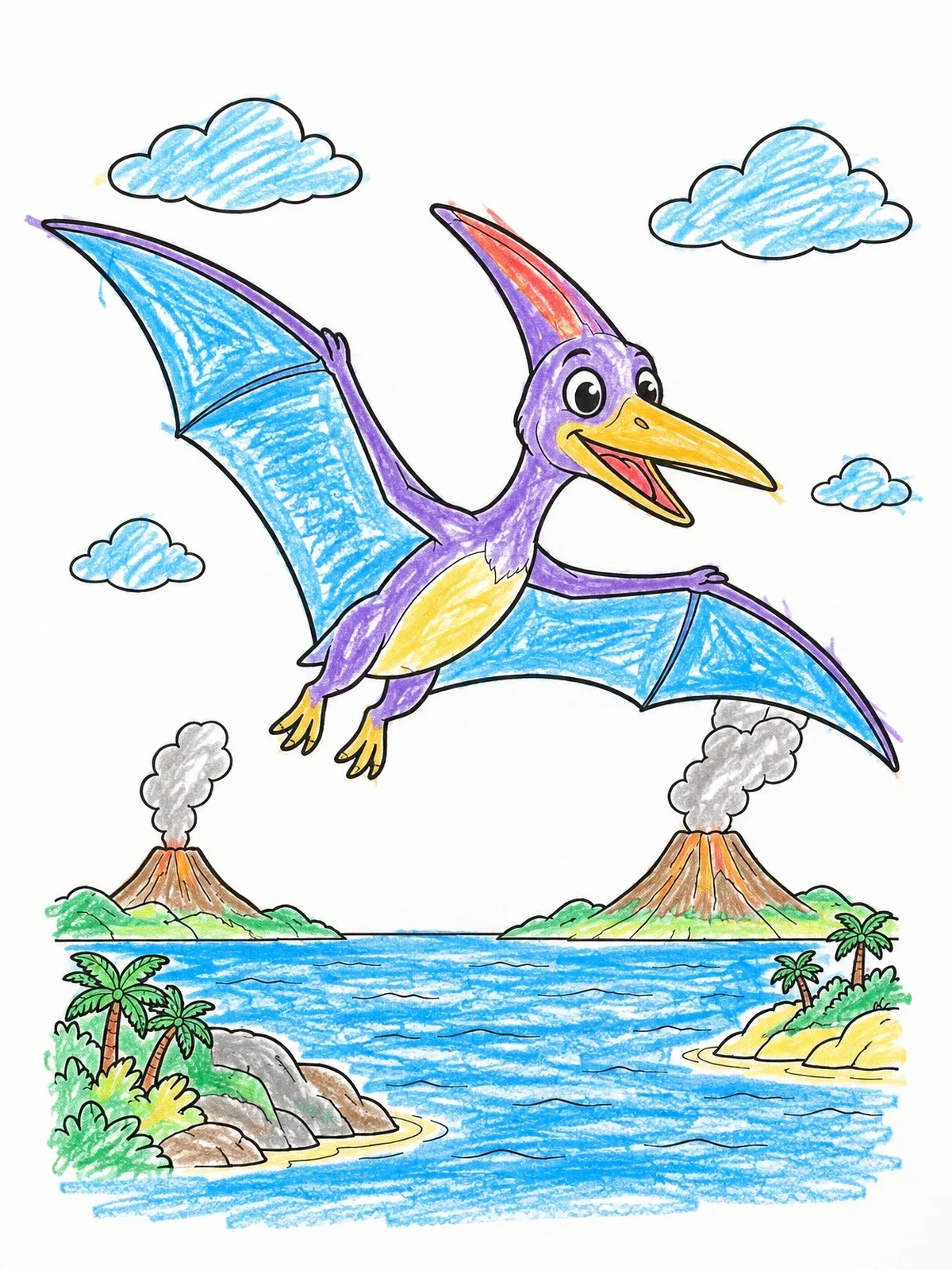 Colored example of the Cheerful Pteranodon Flying Over Ocean coloring page