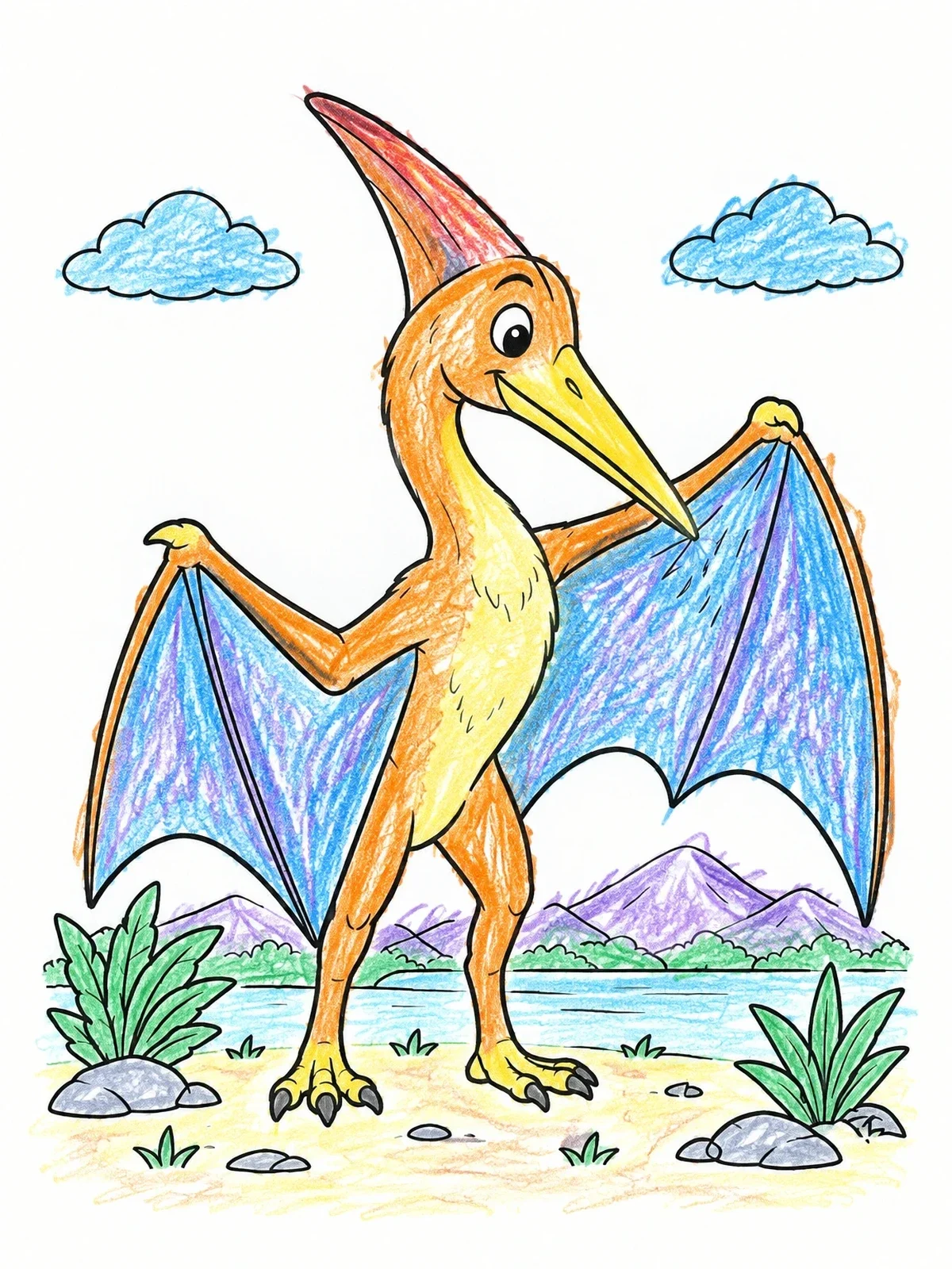 Colored example of the Cheerful Pteranodon Standing In Prehistoric Landscape coloring page