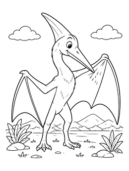 Free printable Cheerful Pteranodon Standing In Prehistoric Landscape coloring page