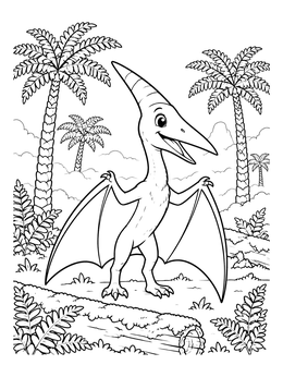 A friendly pterodactyl coloring page set in a prehistoric palm tree landscape.