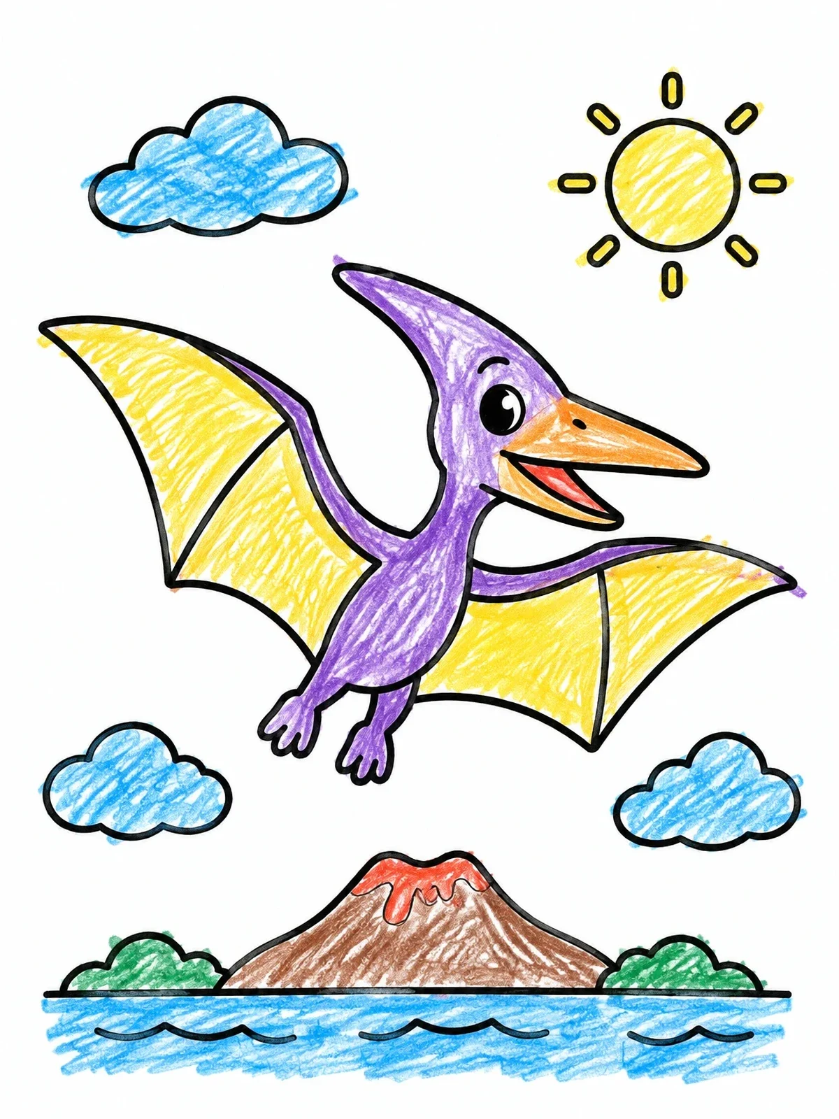 Colored example of the Cheerful Pterodactyl Soaring High coloring page