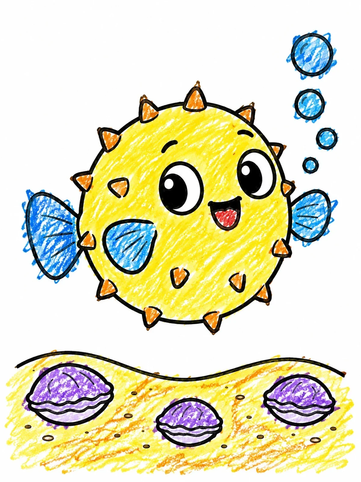 Colored example of the Cheerful Puffer Fish Over Clams coloring page