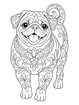A cheerful pug coloring page featuring intricate floral patterns.
