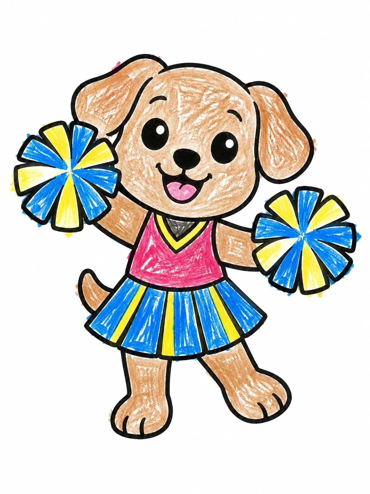 Colored example of the Cheerful Puppy Cheerleader With Pom Poms coloring page