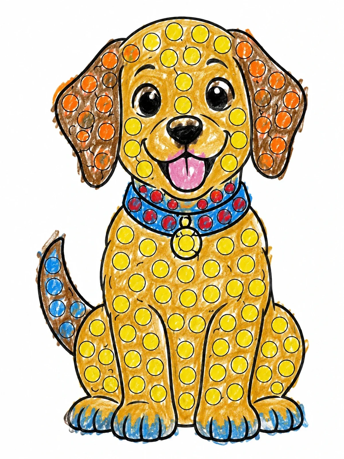Colored example of the Cheerful Puppy Dot Art coloring page
