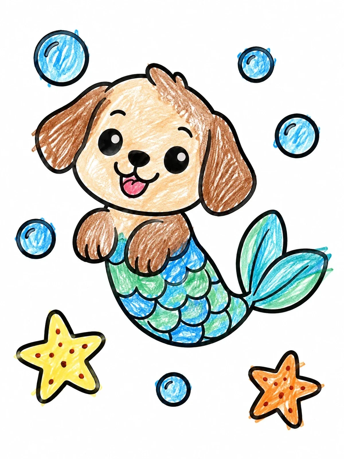 Colored example of the Cheerful Puppy Mermaid Under The Sea coloring page