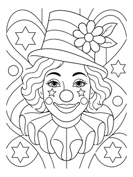 A smiling clown with star makeup appears in this festive purim coloring page.