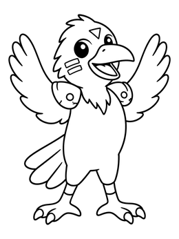 A cheerful raven coloring page showing a playful bird with face markings and wings held high.