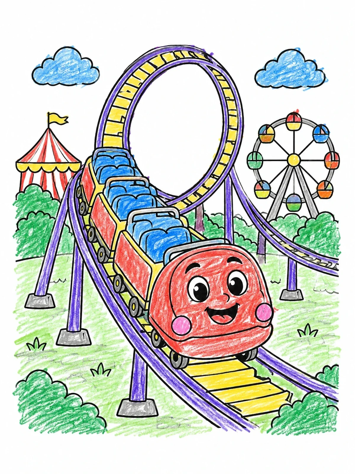 Colored example of the Cheerful Roller Coaster At Carnival coloring page