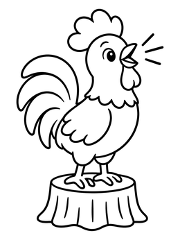 Free printable Cheerful Rooster Crowing On Stump coloring page