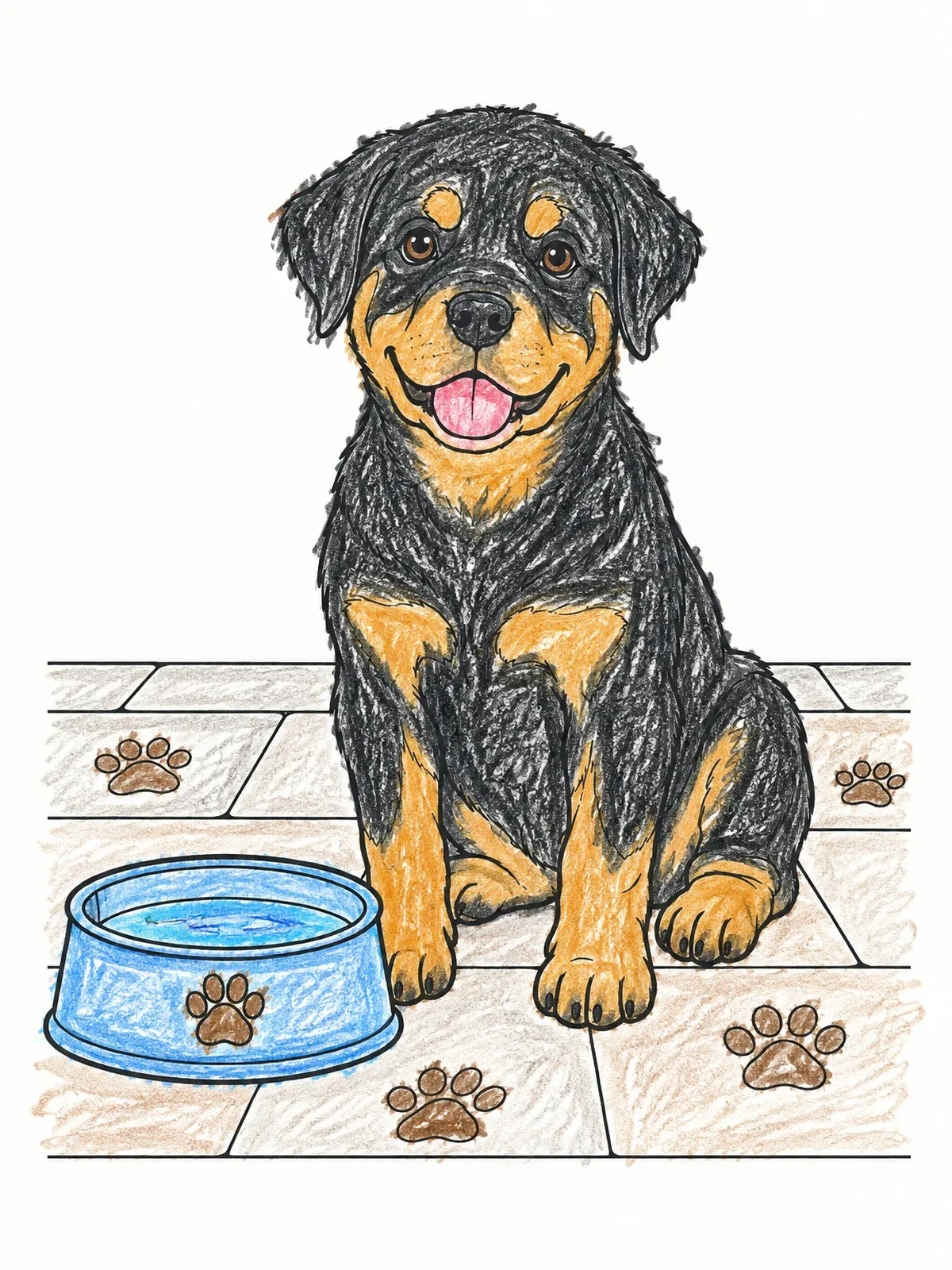Colored example of the Cheerful Rottweiler Puppy Beside Water Bowl coloring page