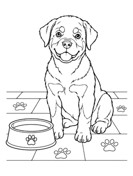 Free printable Cheerful Rottweiler Puppy Beside Water Bowl coloring page