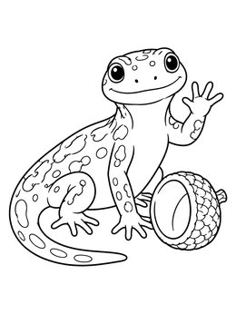 A friendly salamander coloring page showing a spotted amphibian waving next to an acorn cup.