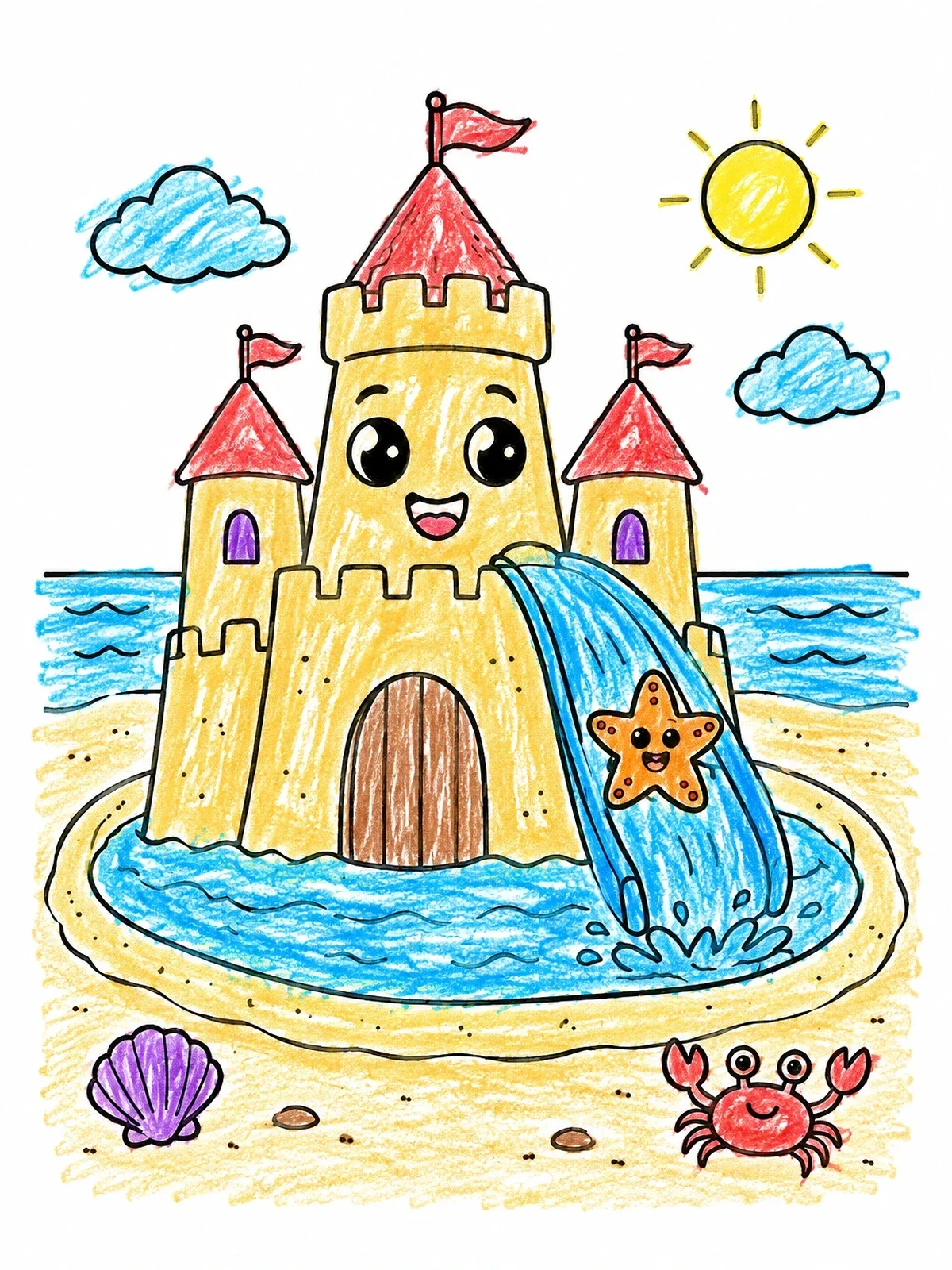 Colored example of the Cheerful Sandcastle With Starfish Slide coloring page