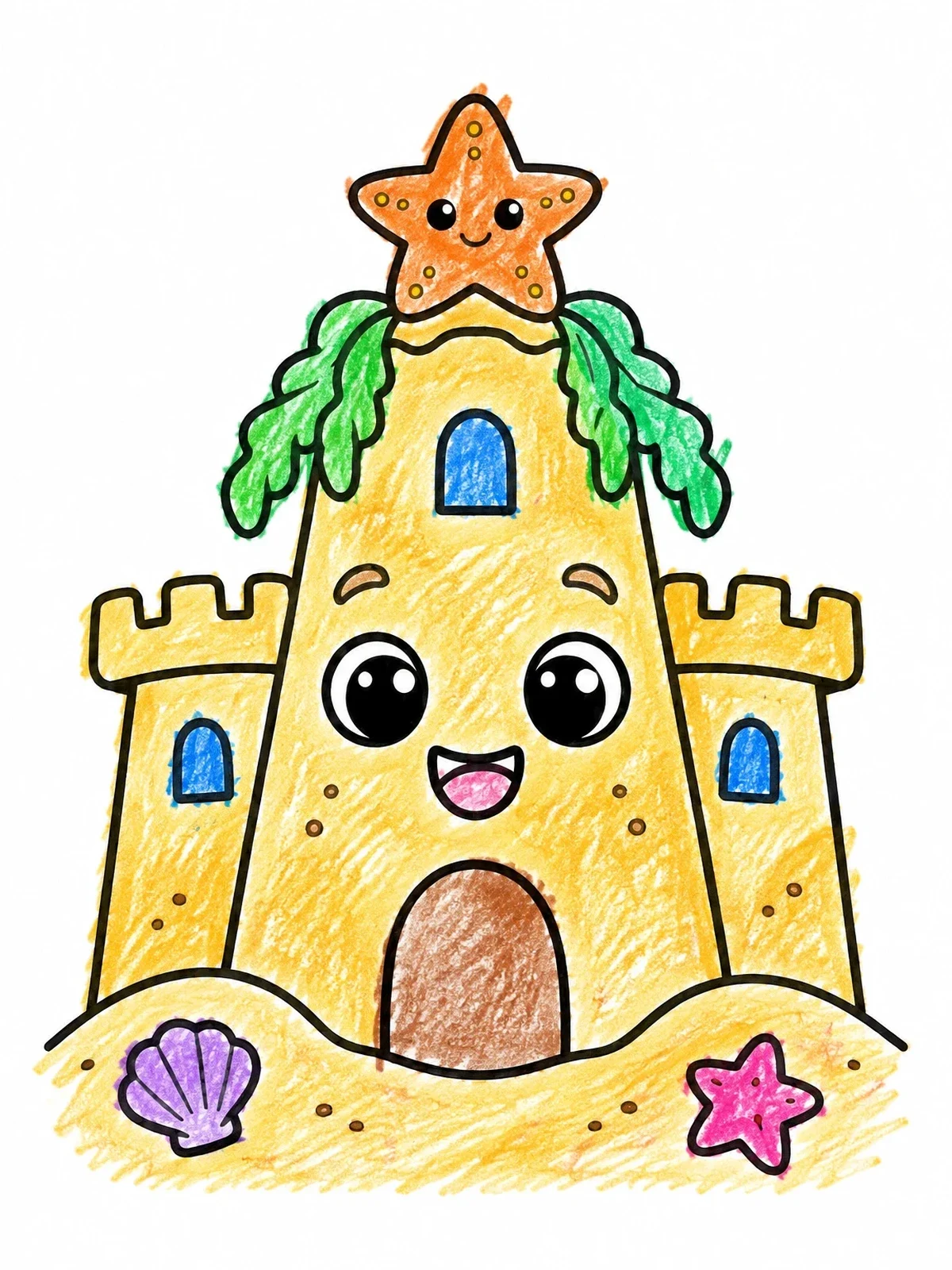 Colored example of the Cheerful Sandcastle With Starfish Topper coloring page