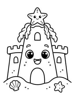 A happy sand castle coloring page topped with a smiling starfish and seaweed decor.