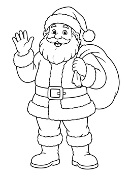 Santa Claus waves with a toy sack on this santa and elf coloring page.