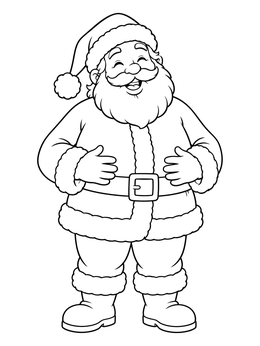 A cheerful santa coloring page showing Saint Nick laughing with hands on his belt.