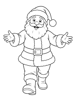 A cheerful santa coloring page showing Santa Claus walking forward with arms outstretched.