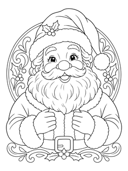 Cheerful smiling Santa coloring page framed with holly and flourishes.