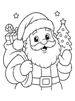 A cheerful santa claus coloring page featuring gifts and a tree.
