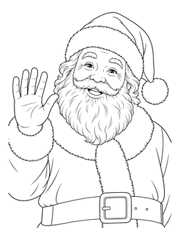 A cheerful santa claus coloring page featuring Santa with a full beard waving his hand.