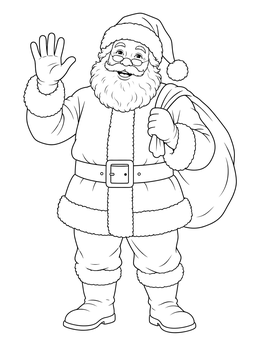 Santa coloring page featuring a smiling Santa Claus waving with a sack over his shoulder.