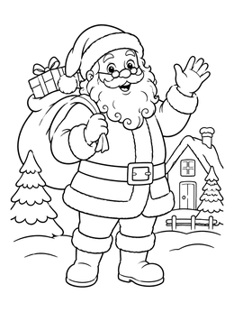 A cheerful santa coloring page with Santa waving while carrying his sack of presents.