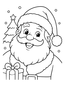 A cheerful cartoon Santa Claus holds a gift box in this cute santa coloring page.