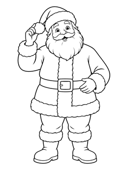 A cheerful santa claus coloring page featuring him standing and adjusting his pom-pom hat.