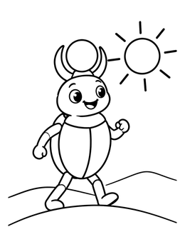A cute scarab beetle coloring page showing a friendly cartoon bug walking under the bright sun.