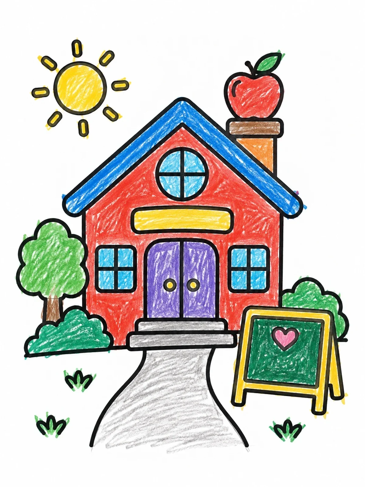 Colored example of the Cheerful Schoolhouse With Apple And Welcome Sign coloring page