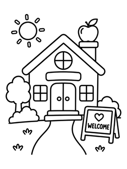 Free printable Cheerful Schoolhouse With Apple And Welcome Sign coloring page