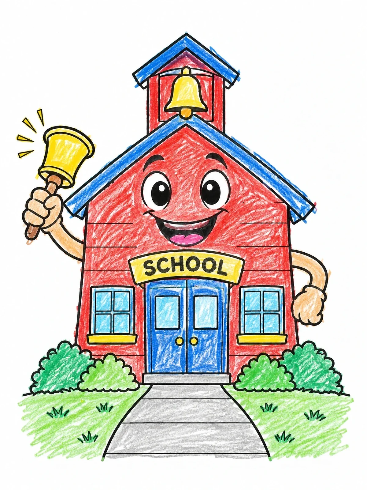 Colored example of the Cheerful Schoolhouse Ringing A Bell coloring page