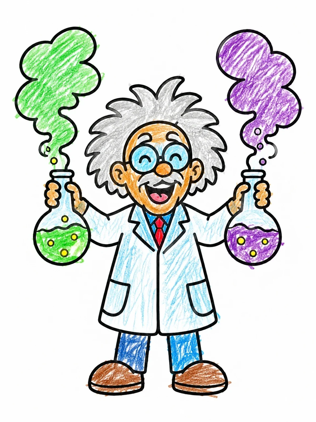 Colored example of the Cheerful Scientist With Smoking Flasks coloring page