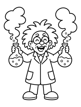 Free printable Cheerful Scientist With Smoking Flasks coloring page
