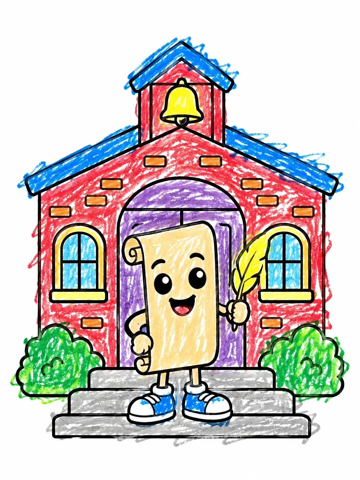 Colored example of the Cheerful Scroll At The Schoolhouse coloring page