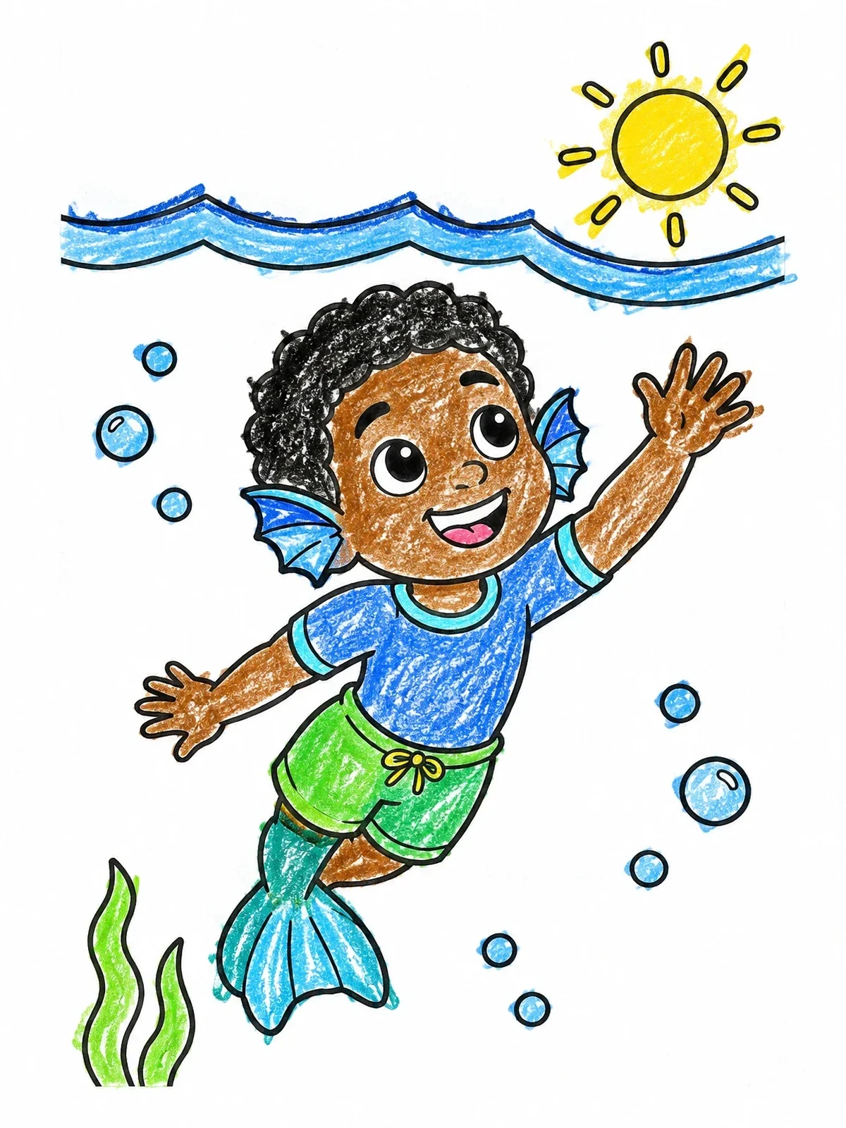 Colored example of the Cheerful Sea Monster Boy Swimming coloring page