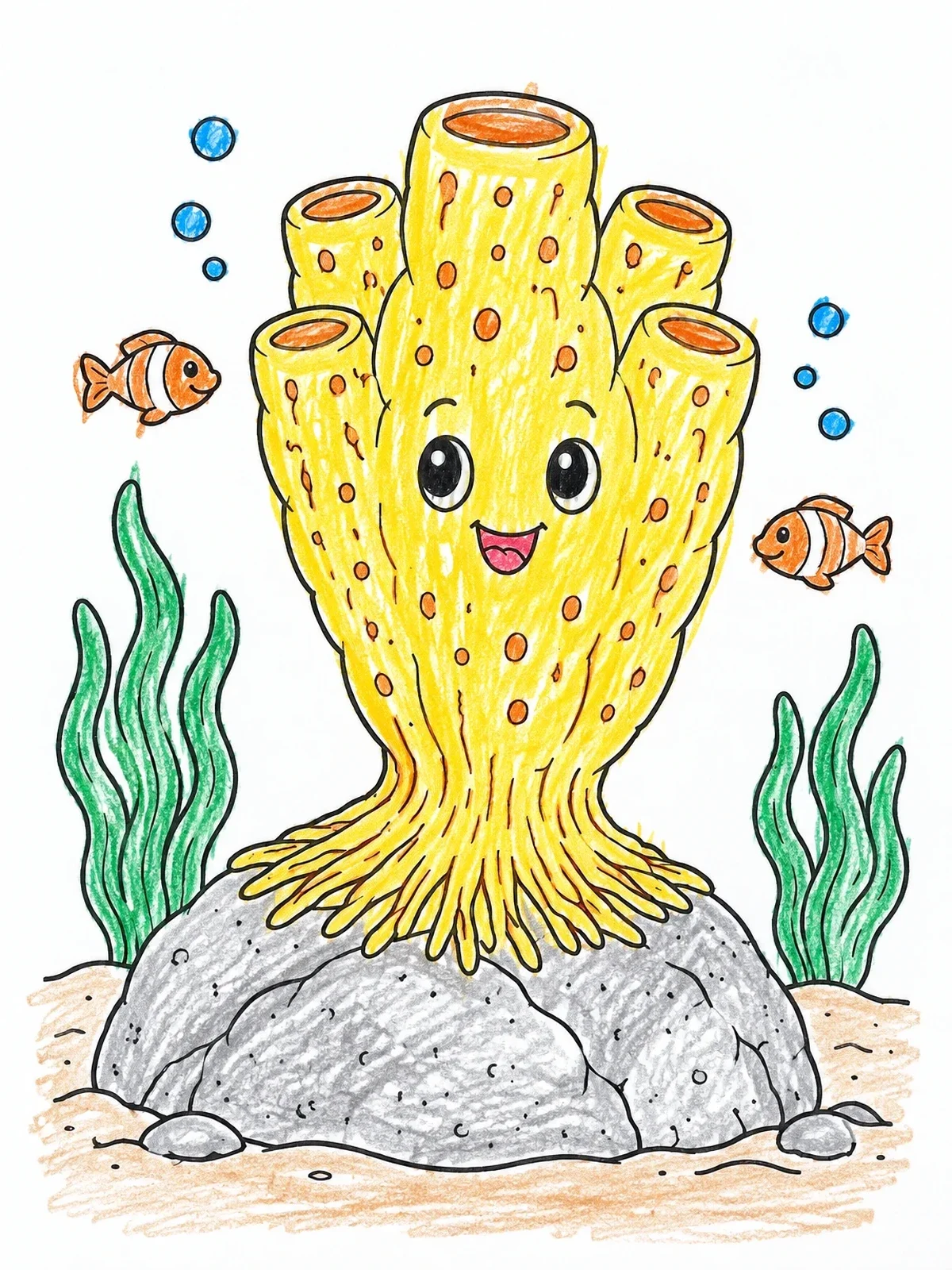 Colored example of the Cheerful Sea Sponge On A Rock coloring page